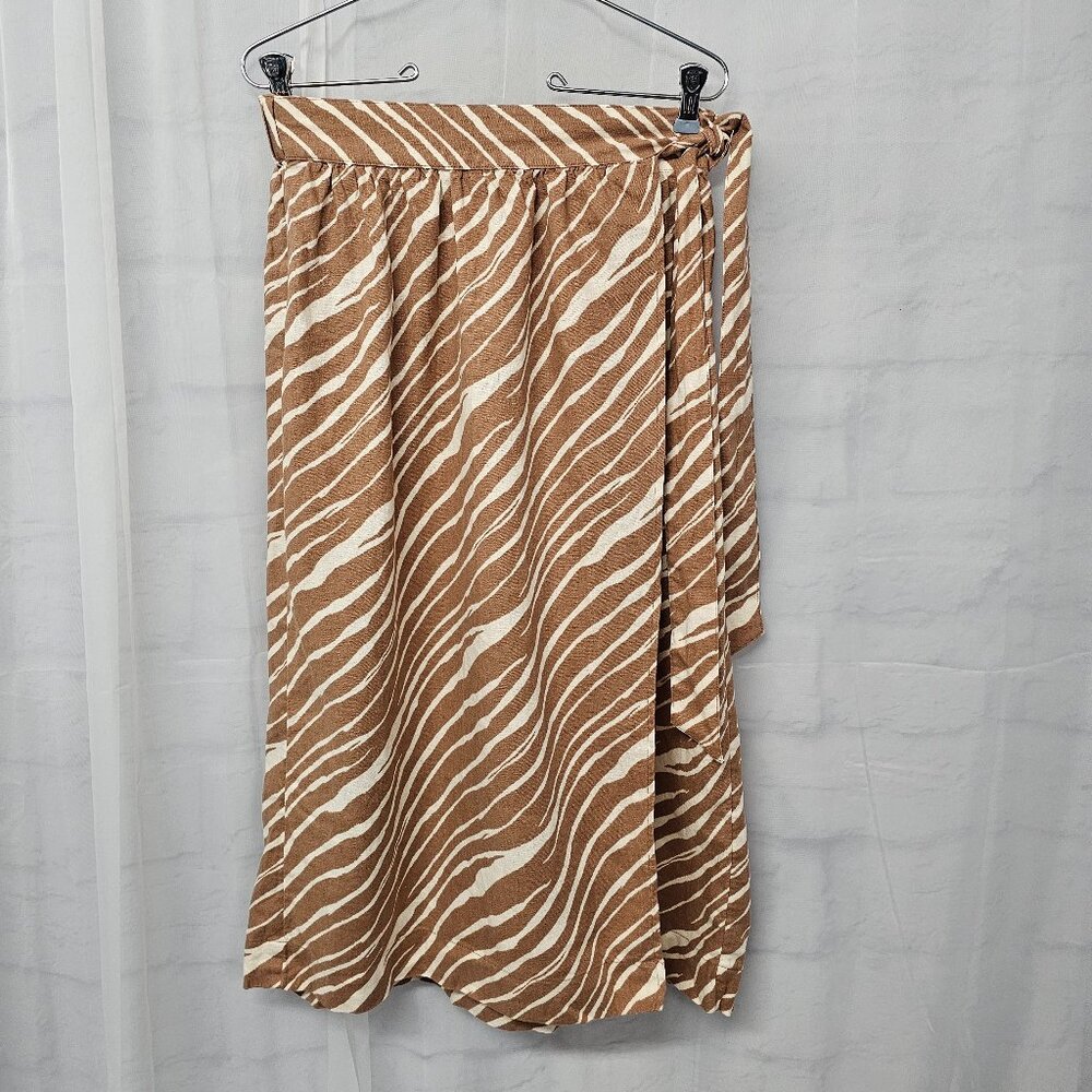 A New Day Skirt Midi Zebra Tan Cream Faux Wrap Linen Blend S
